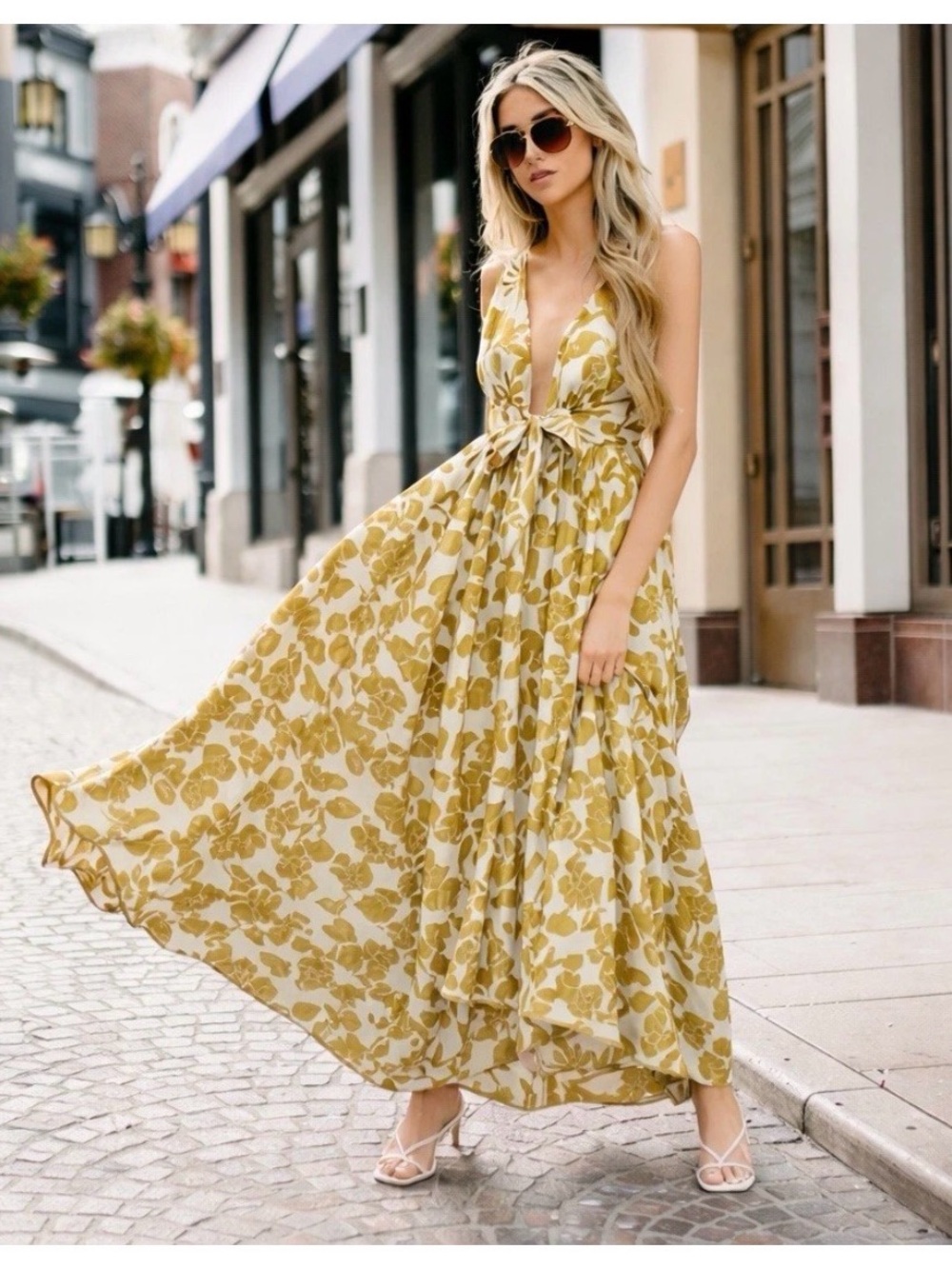 Aakaa Cream and Yellow Floral Tie-Front Maxi Dress with Deep V